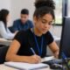 Young woman with a blue lanyard writes in a notebook at a desk with a computer and office supplies nearby while colleagues work in the background