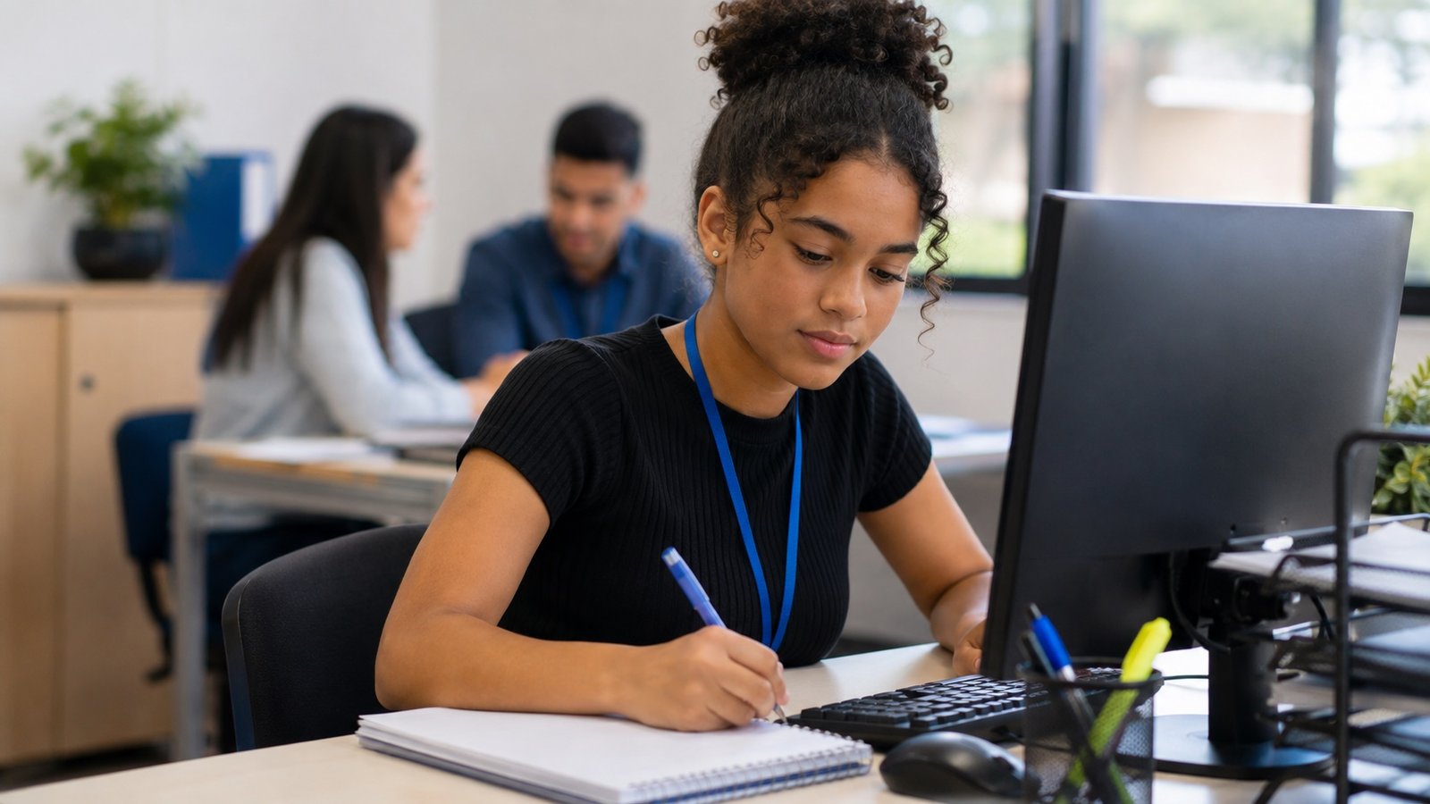 Young woman with a blue lanyard writes in a notebook at a desk with a computer and office supplies nearby while colleagues work in the background