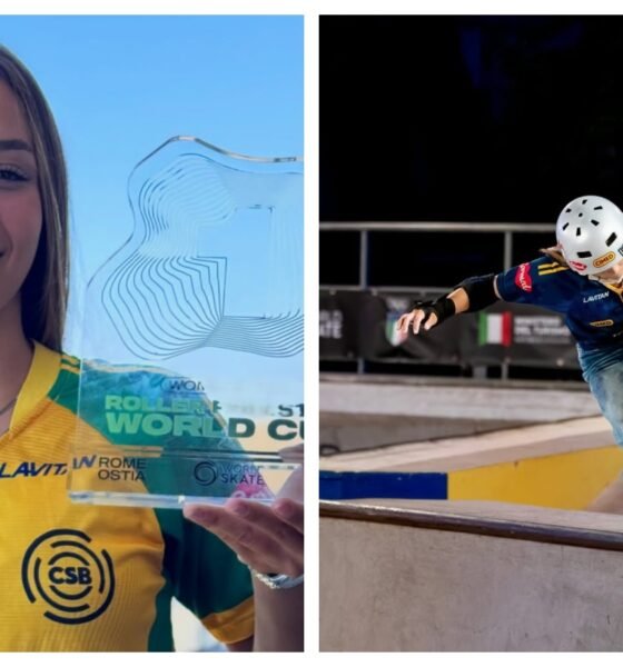 Portrait of a smiling female athlete in a yellow-green jersey holding a glass trophy that reads 'Roller World Cup' against a blue sky background with abstract lines on the trophy surface, indicating an award ceremony stay-in photo.