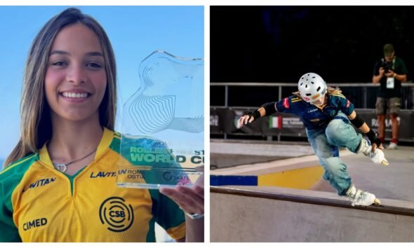 Portrait of a smiling female athlete in a yellow green jersey holding a glass trophy that reads Roller World Cup against a blue sky background with abstract lines on the trophy surface indicating an award ceremony stay in photo