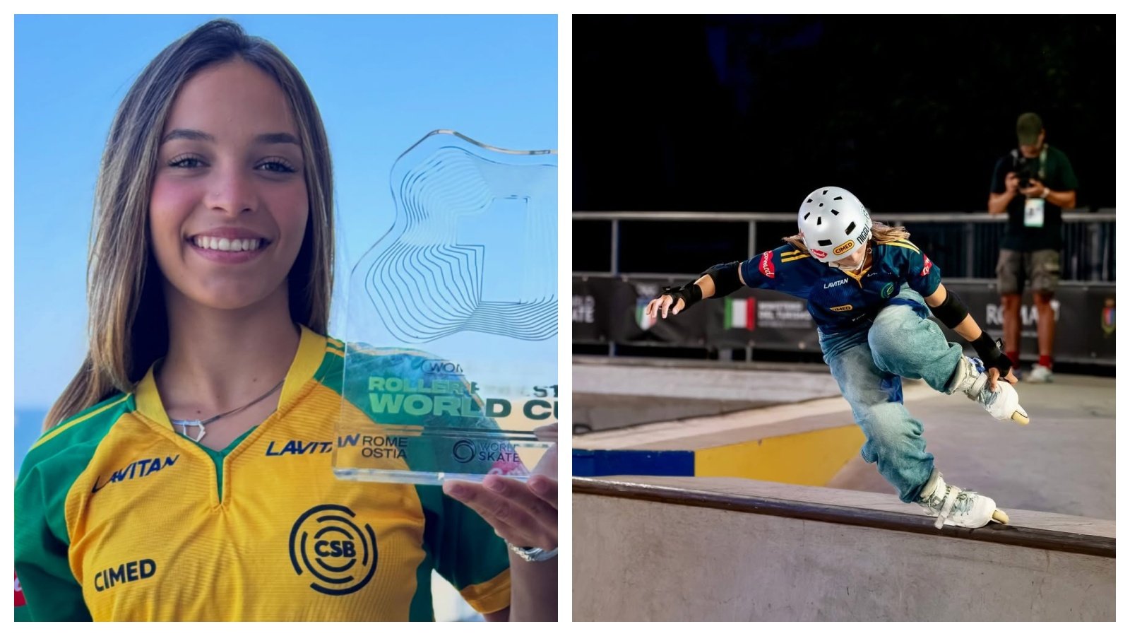 Portrait of a smiling female athlete in a yellow green jersey holding a glass trophy that reads Roller World Cup against a blue sky background with abstract lines on the trophy surface indicating an award ceremony stay in photo
