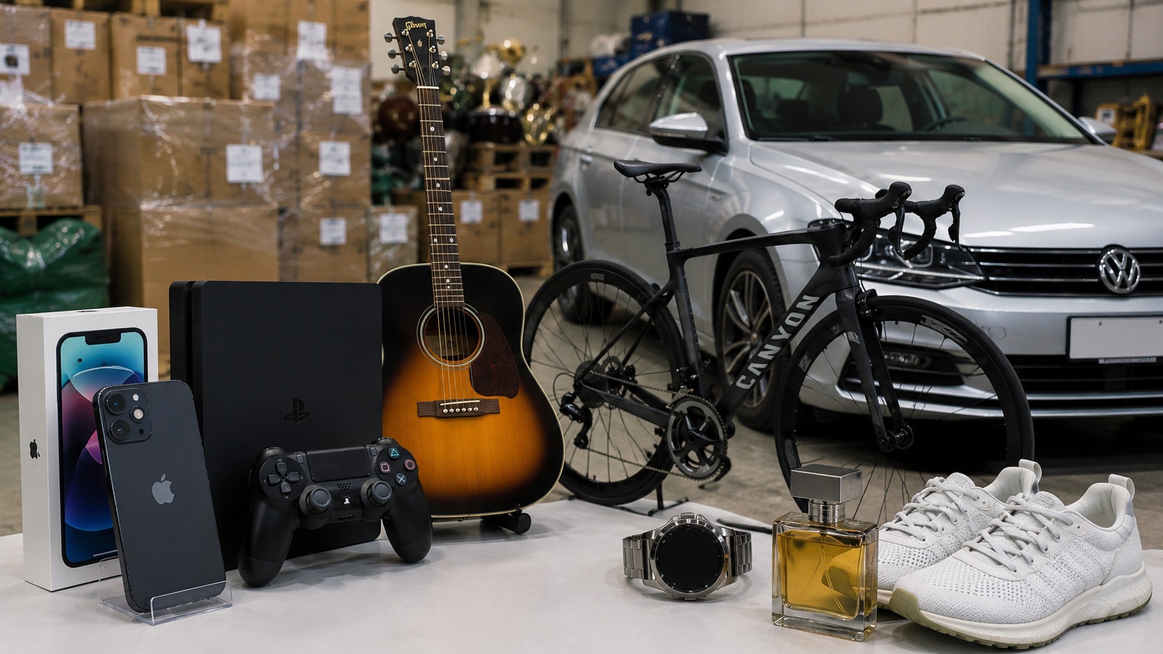 Assorted consumer goods on a table in a warehouse iPhone box PS guitar Canyon bike sneakers watch and perfume
