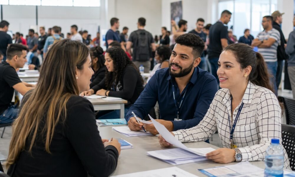 Two recruiters interview a candidate at a crowded career fair, with papers and brochures on the table and attendees in the background.