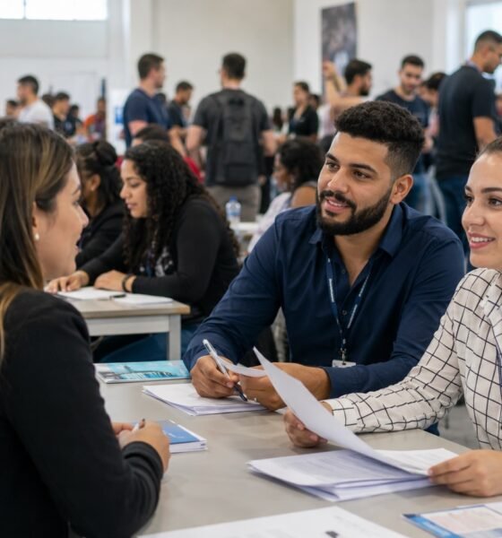 Two recruiters interview a candidate at a crowded career fair with papers and brochures on the table and attendees in the background