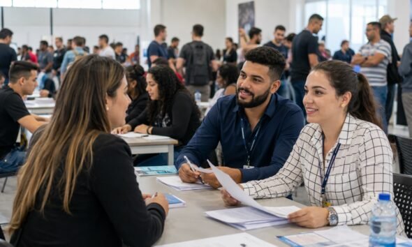 Two recruiters interview a candidate at a crowded career fair with papers and brochures on the table and attendees in the background