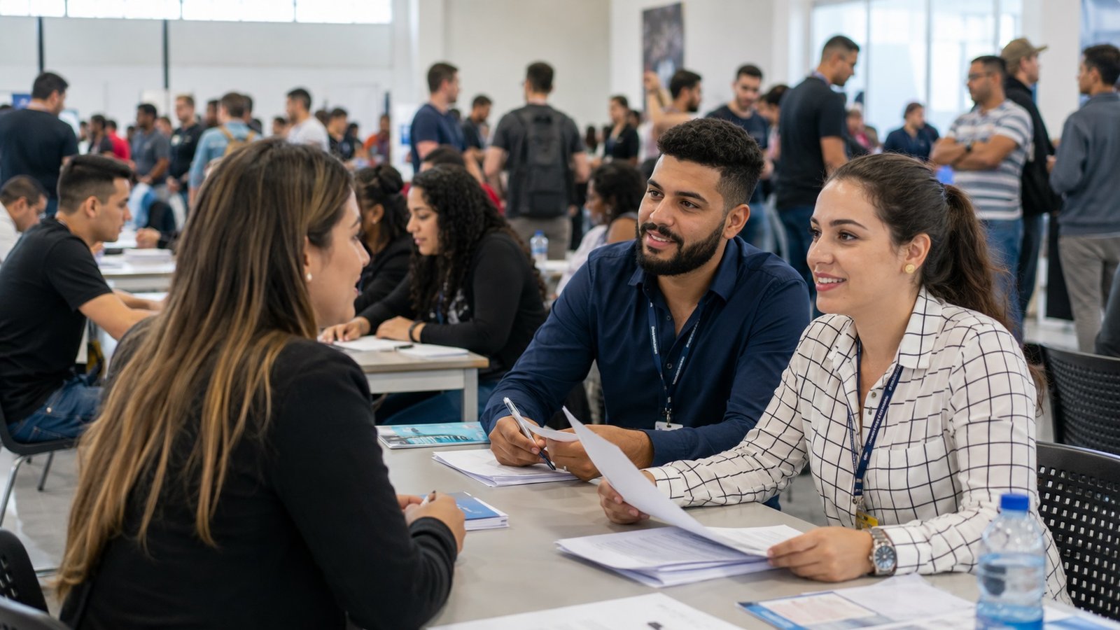 Two recruiters interview a candidate at a crowded career fair with papers and brochures on the table and attendees in the background