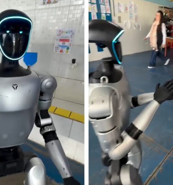 Humanoid robot with blue lit face greets students in a school setting left panel shows close up