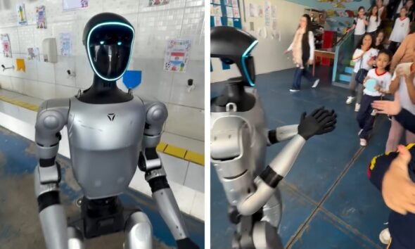 Humanoid robot with blue lit face greets students in a school setting left panel shows close up