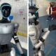 Humanoid robot with blue-lit face greets students in a school setting, left panel shows close-up.