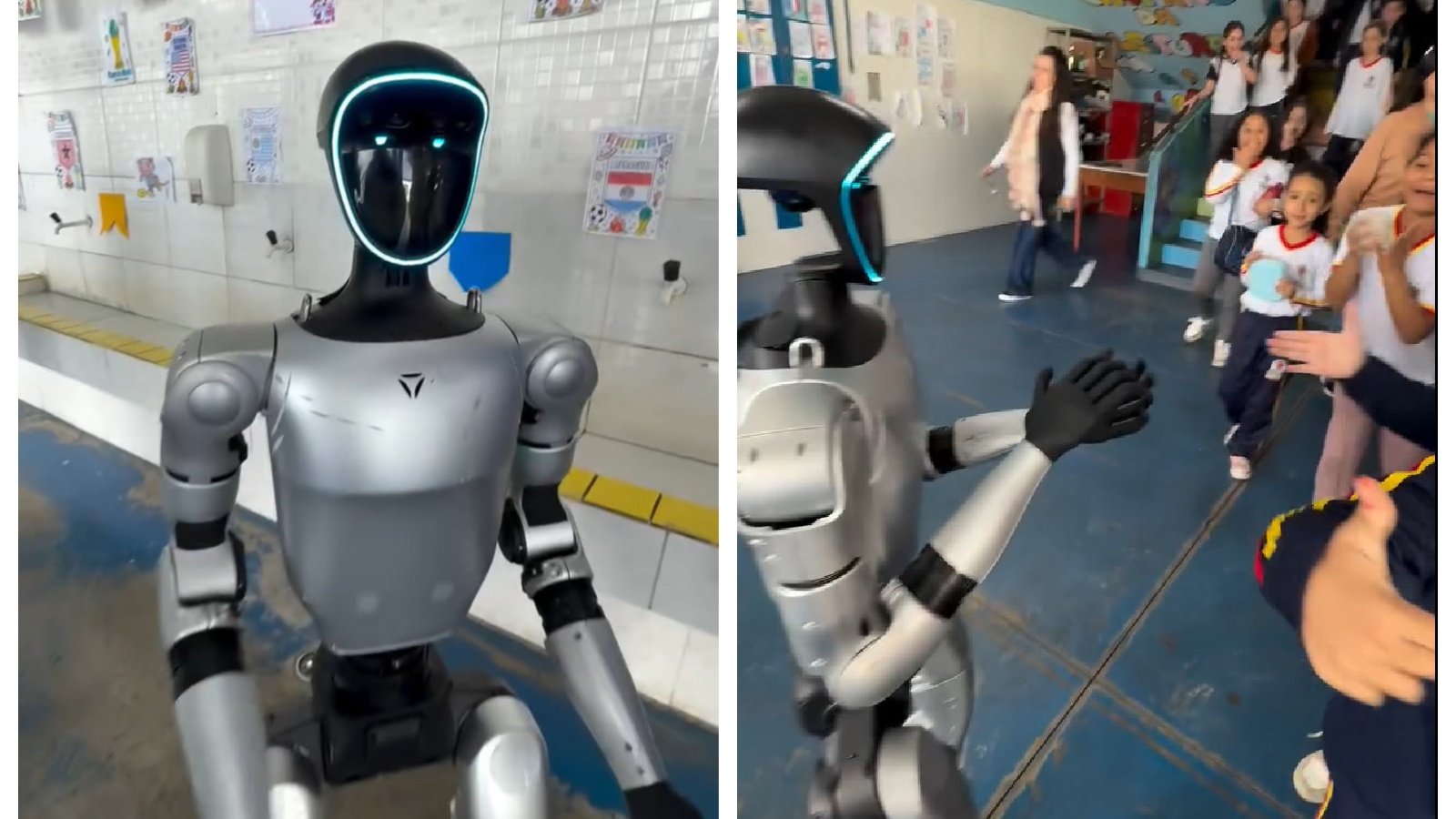 Humanoid robot with blue lit face greets students in a school setting left panel shows close up