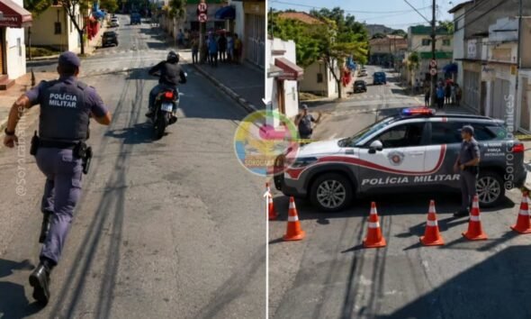 Urban street police checkpoint a Polícia Militar officer on foot and a motorcyclist stopped ahead with a patrol car blocking the road and traffic cones lined up