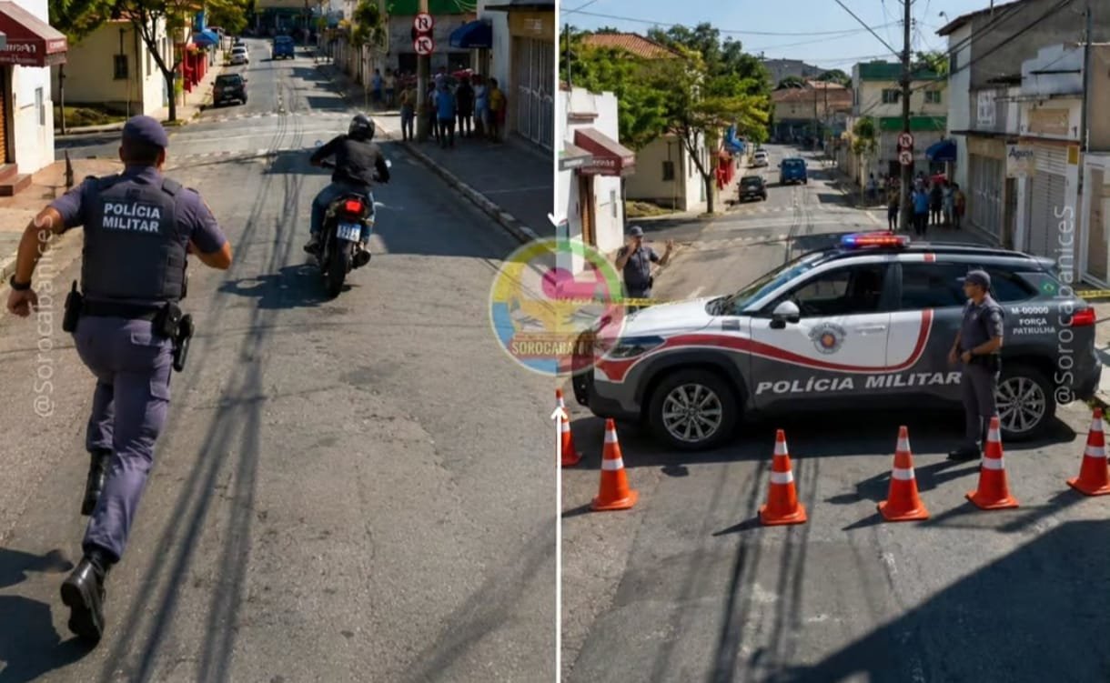 Urban street police checkpoint a Polícia Militar officer on foot and a motorcyclist stopped ahead with a patrol car blocking the road and traffic cones lined up