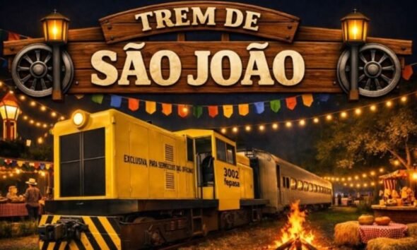 Wooden sign reading Trem de São João above a festive night scene with a yellow train car string lights and market stalls in the background