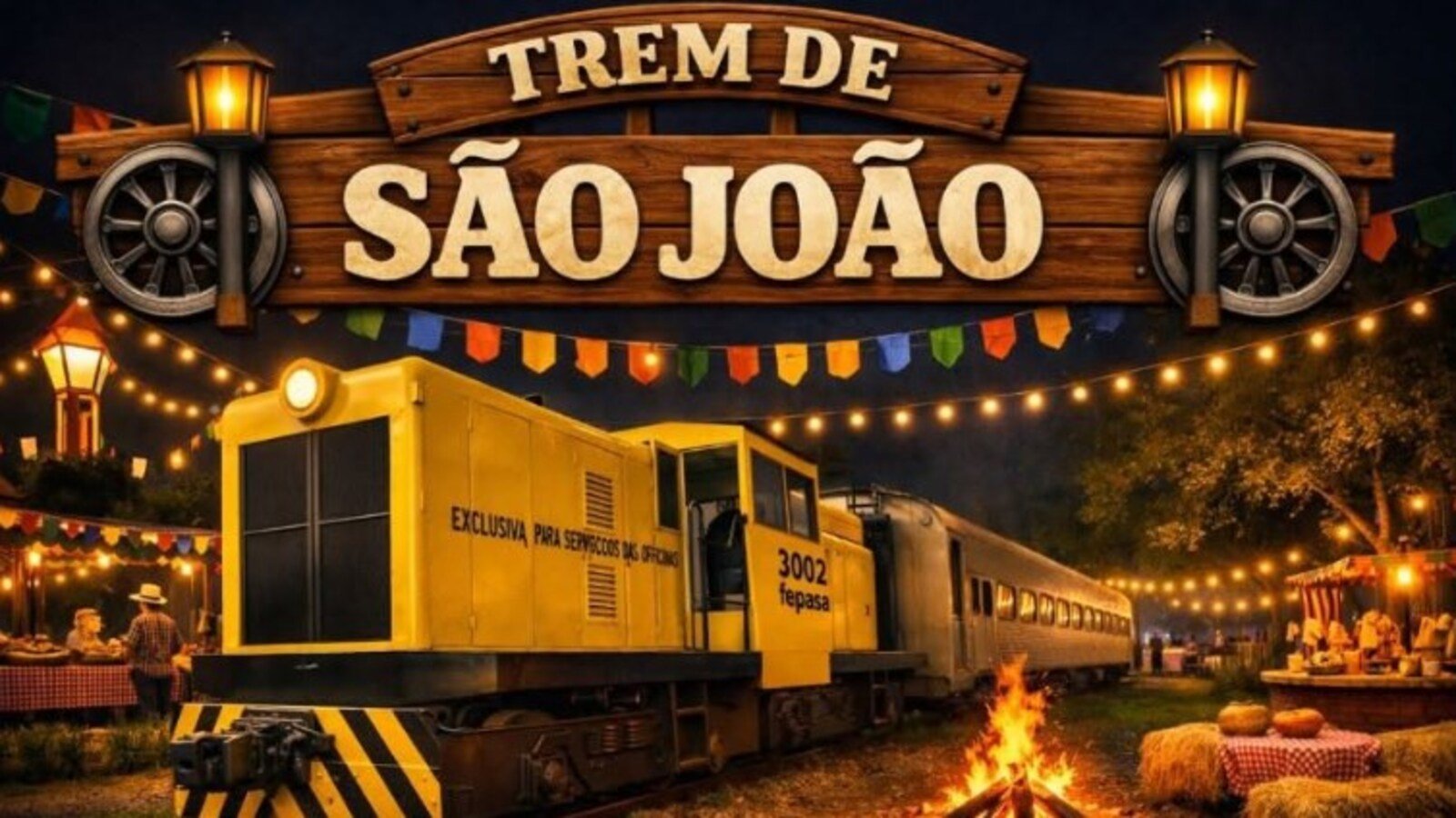 Wooden sign reading Trem de São João above a festive night scene with a yellow train car string lights and market stalls in the background