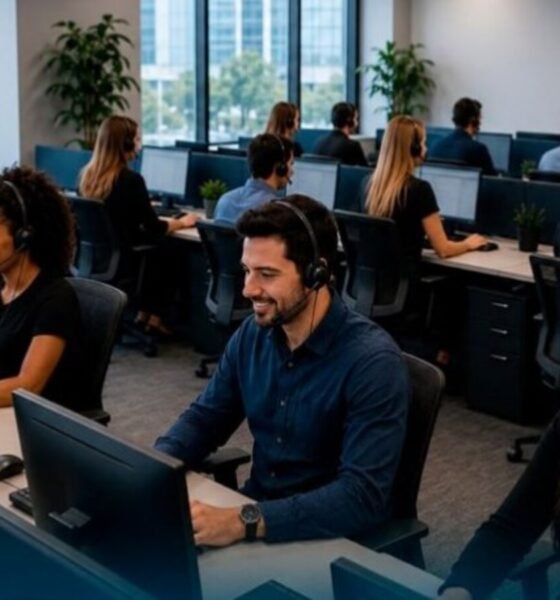 Open plan call center with agents wearing headsets at computer workstations and desks