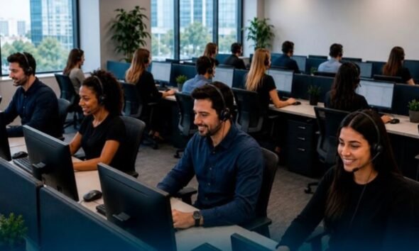 Open plan call center with agents wearing headsets at computer workstations and desks