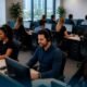 Open-plan call center with agents wearing headsets at computer workstations and desks