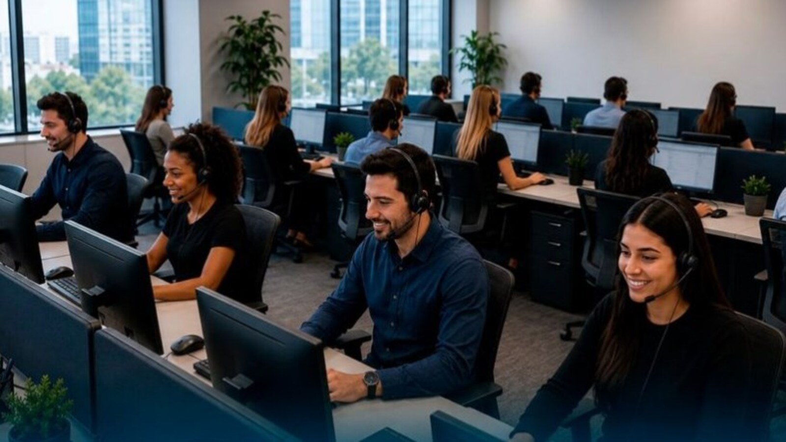 Open plan call center with agents wearing headsets at computer workstations and desks