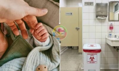 Left: a baby's tiny hand grasping an adult finger; right: a hospital bathroom with a biohazard waste bin.