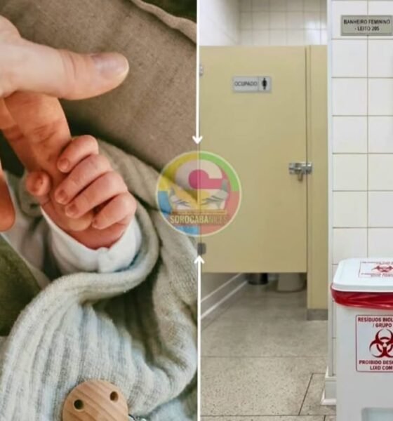 Left a babys tiny hand grasping an adult finger right a hospital bathroom with a biohazard waste bin