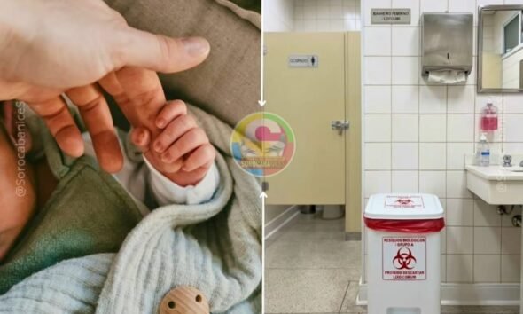 Left a babys tiny hand grasping an adult finger right a hospital bathroom with a biohazard waste bin