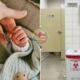 Left a babys tiny hand grasping an adult finger right a hospital bathroom with a biohazard waste bin