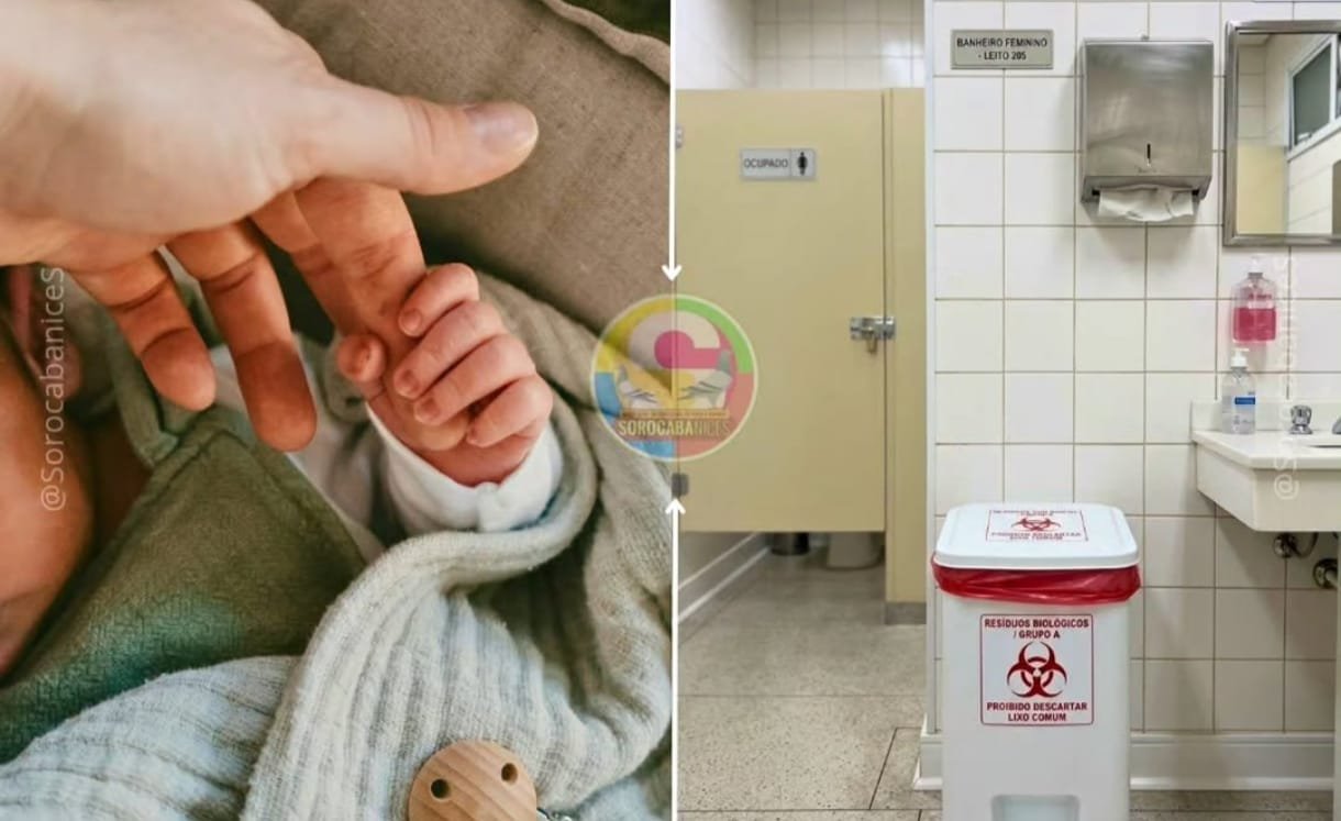 Left a babys tiny hand grasping an adult finger right a hospital bathroom with a biohazard waste bin