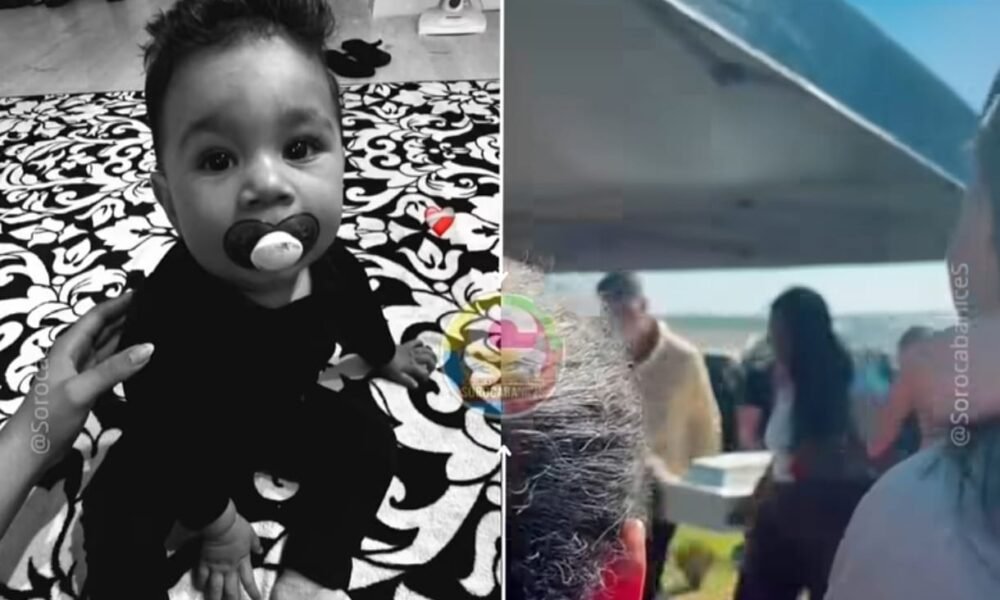 Split image: left shows a baby with a pacifier on a patterned rug; right shows people gathered outdoors at an event near a tent.