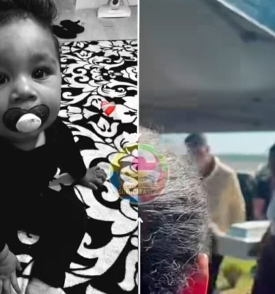 Split image left shows a baby with a pacifier on a patterned rug right shows people gathered outdoors at an event near a tent