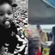 Split image left shows a baby with a pacifier on a patterned rug right shows people gathered outdoors at an event near a tent