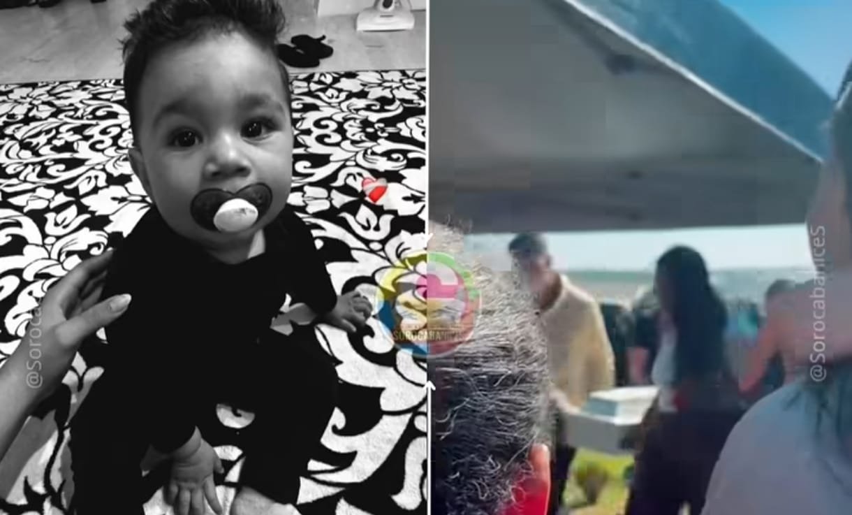 Split image left shows a baby with a pacifier on a patterned rug right shows people gathered outdoors at an event near a tent