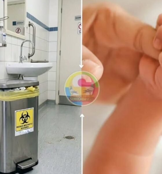Left hospital bathroom with a stainless biohazard trash can and sink right close up of a tiny babys hand grasping an adult finger