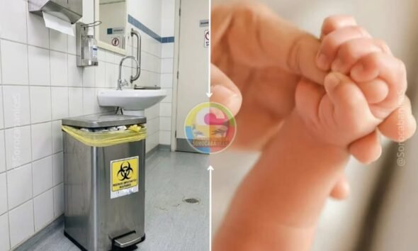 Left hospital bathroom with a stainless biohazard trash can and sink right close up of a tiny babys hand grasping an adult finger