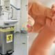 Left hospital bathroom with a stainless biohazard trash can and sink right close up of a tiny babys hand grasping an adult finger