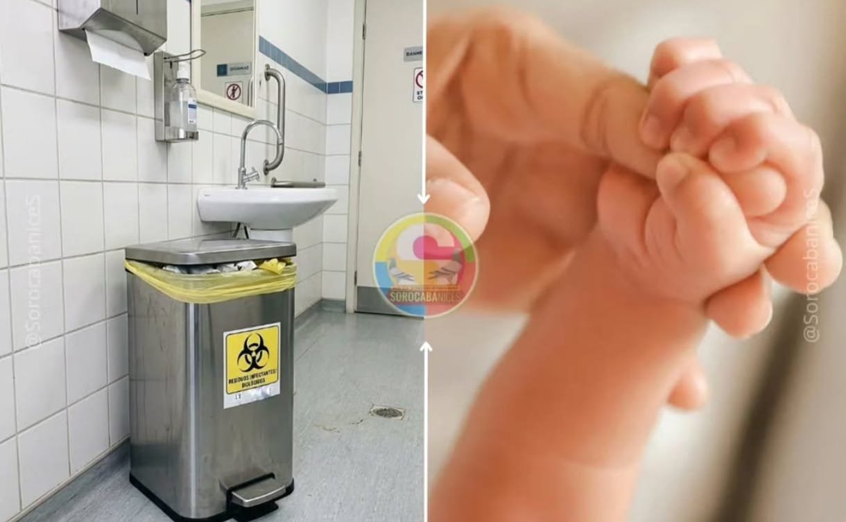 Left hospital bathroom with a stainless biohazard trash can and sink right close up of a tiny babys hand grasping an adult finger