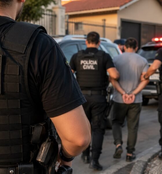 Civil police officers detain a man on a residential street as police cars with flashing lights are visible in the background