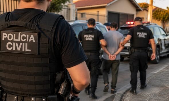 Civil police officers detain a man on a residential street as police cars with flashing lights are visible in the background