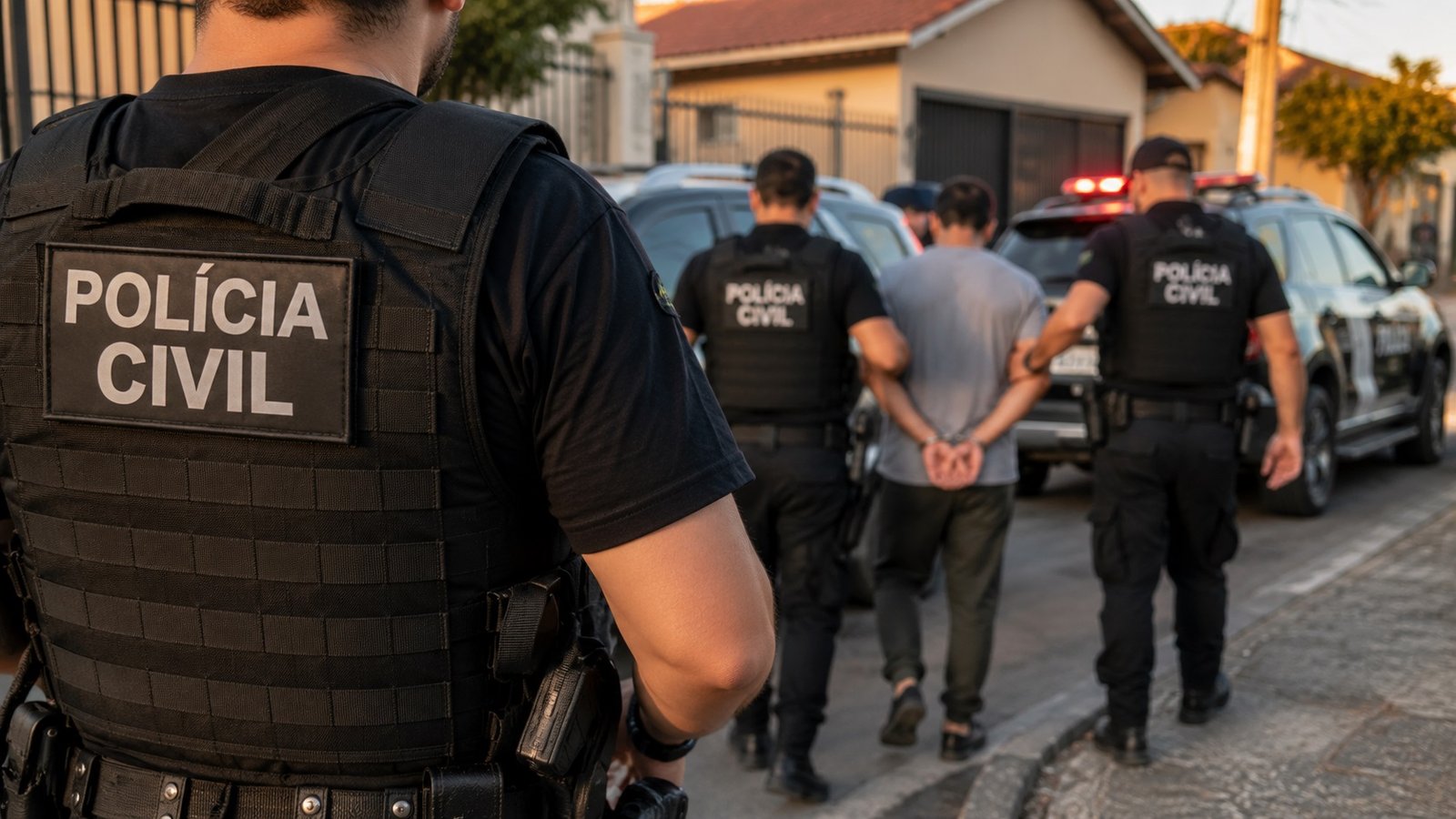Civil police officers detain a man on a residential street as police cars with flashing lights are visible in the background
