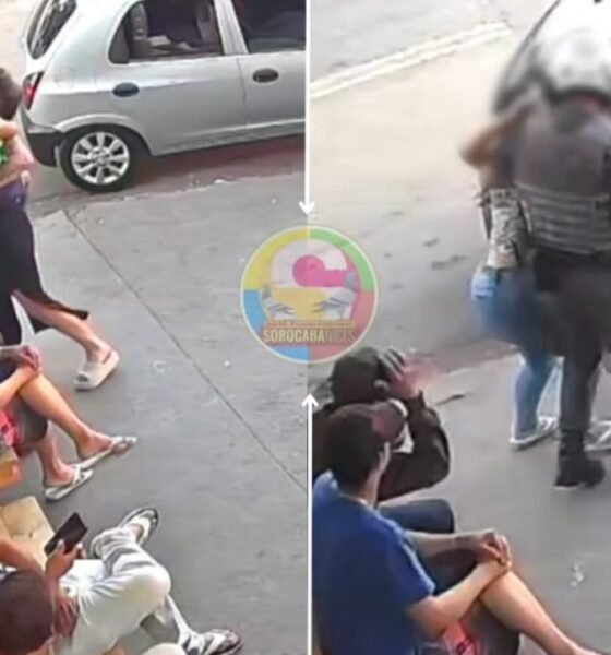 Split screen street scene left side shows a confrontation with a man restraining another person while bystanders sit along the curb right side shows a police officer escorting someone toward a parked car with a blurred group nearby