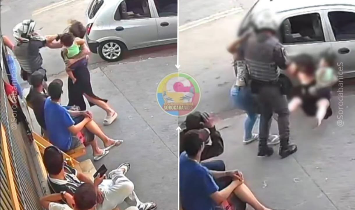Split screen street scene left side shows a confrontation with a man restraining another person while bystanders sit along the curb right side shows a police officer escorting someone toward a parked car with a blurred group nearby
