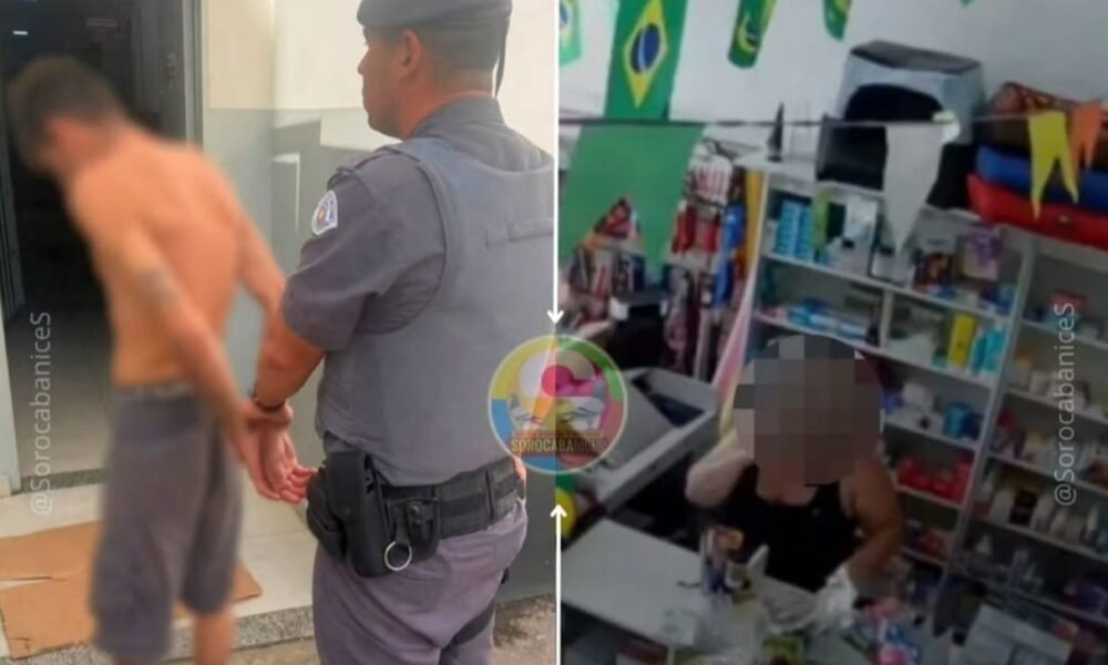 Split-screen: a uniformed officer escorts a shirtless man toward a doorway on the left; a blurred person at a store counter on the right.
