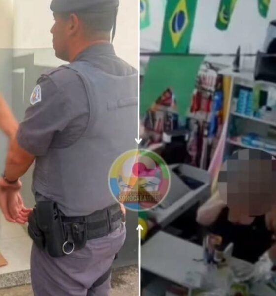 Split screen a uniformed officer escorts a shirtless man toward a doorway on the left a blurred person at a store counter on the right