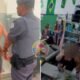 Split screen a uniformed officer escorts a shirtless man toward a doorway on the left a blurred person at a store counter on the right