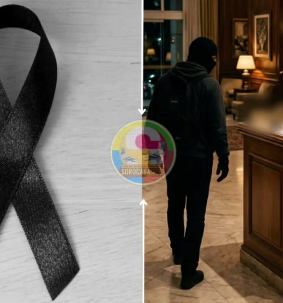 Left black awareness ribbon on a light wooden surface right a man in a hoodie approaches a hotel reception desk blurred figure nearby circular logo in center