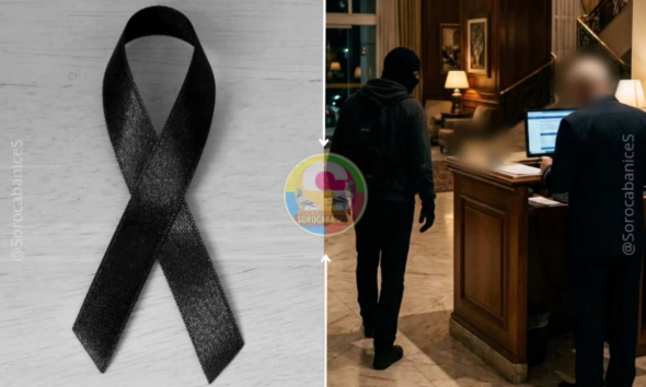 Left black awareness ribbon on a light wooden surface right a man in a hoodie approaches a hotel reception desk blurred figure nearby circular logo in center
