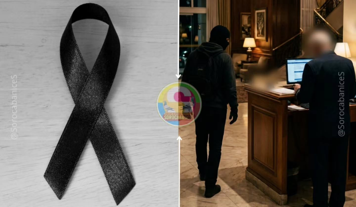 Left black awareness ribbon on a light wooden surface right a man in a hoodie approaches a hotel reception desk blurred figure nearby circular logo in center