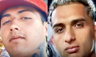 Side-by-side close-up photos of a young man: left with a red cap, right with platinum blonde hair.