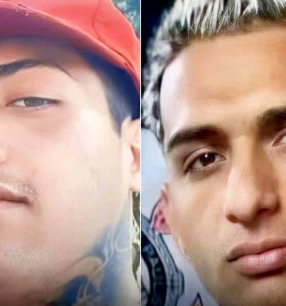 Side by side close up photos of a young man left with a red cap right with platinum blonde hair