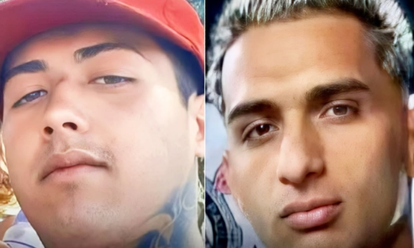 Side by side close up photos of a young man left with a red cap right with platinum blonde hair