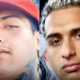 Side by side close up photos of a young man left with a red cap right with platinum blonde hair